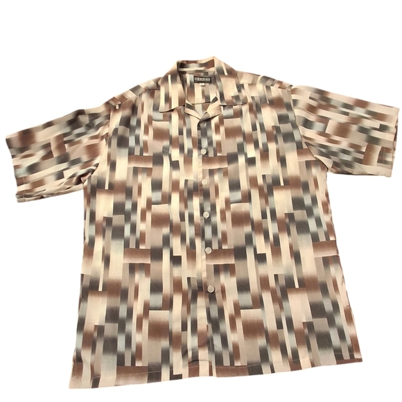 Mench Platinum Other - Mench Platinum Men XL Tan Windowpane Short Sleeve Polyester Button-down Shirt